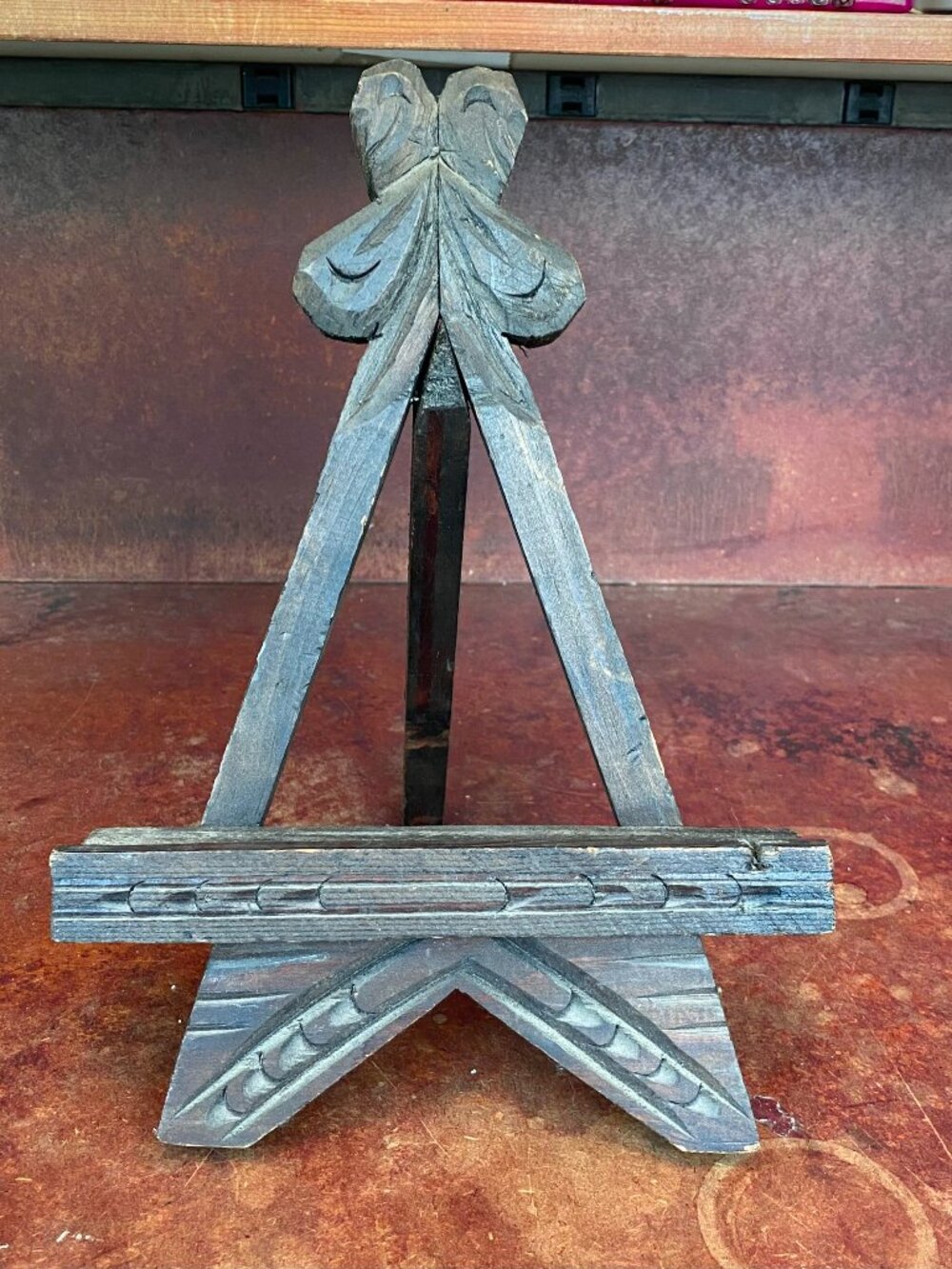 Rare Antique Hand Made Wooden Intricately Carved Clover Motif Tabletop Easel